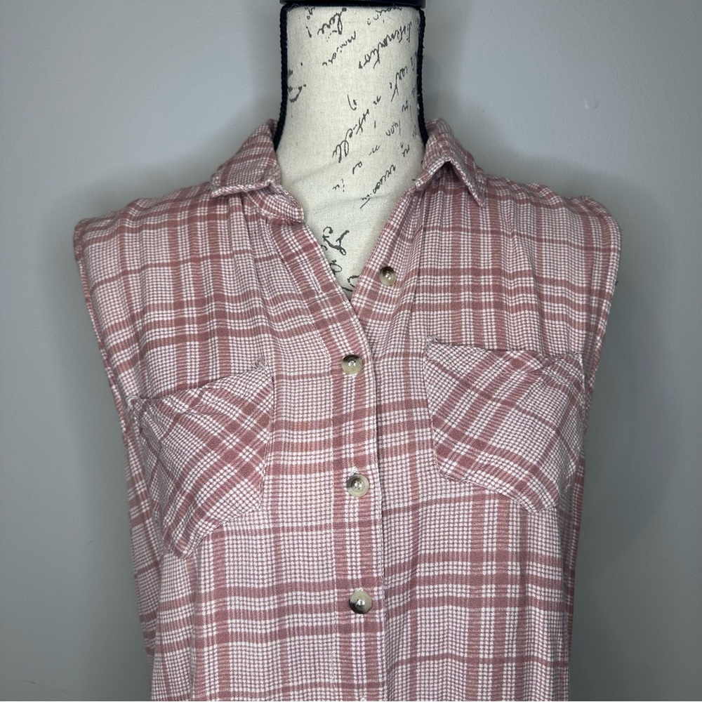 Sim & Sam | Pink Plaid Sleeveless Button-Up Top Shirt | Size L - Picture 3 of 8